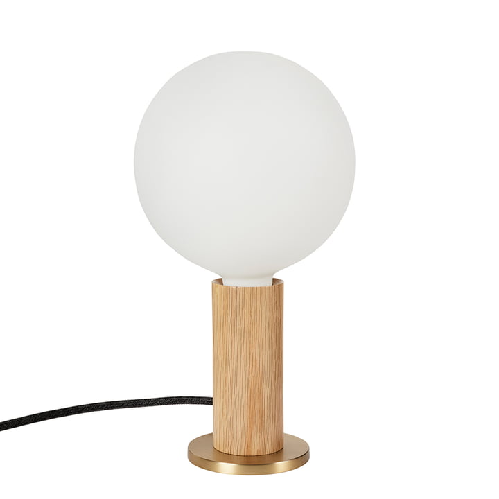 Chêne Knuckle Lampe de table, chêne / laiton y compris Sphere IV LED ampoule E27 8W, Ø 15 cm, blanc mat par Tala .