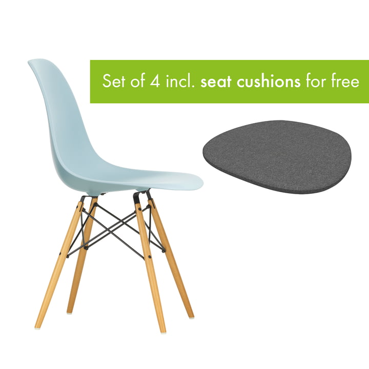 Eames Plastic Side Chair DSW de Vitra dans la version érable jaunâtre / gris glacé, y compris le coussin d'assise dans la version classic grey