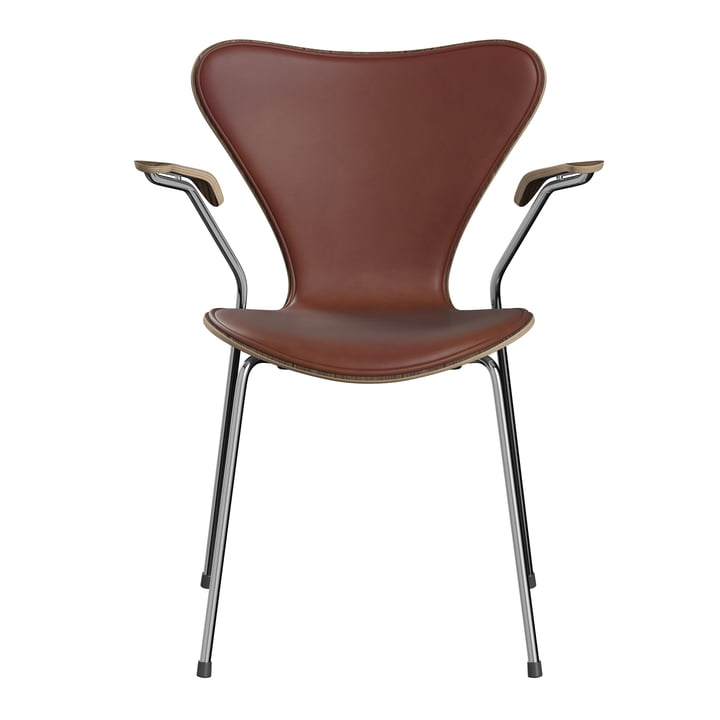 Fritz Hansen - Série 7, chaise avec accoudoirs, cuir marron / piétement chrome
