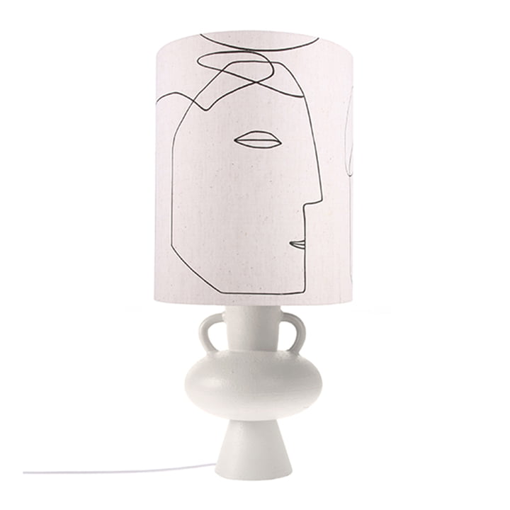 Pied de lampe de table en grès avec poignées, blanc + Printed Faces Abat-jour, L de HKliving