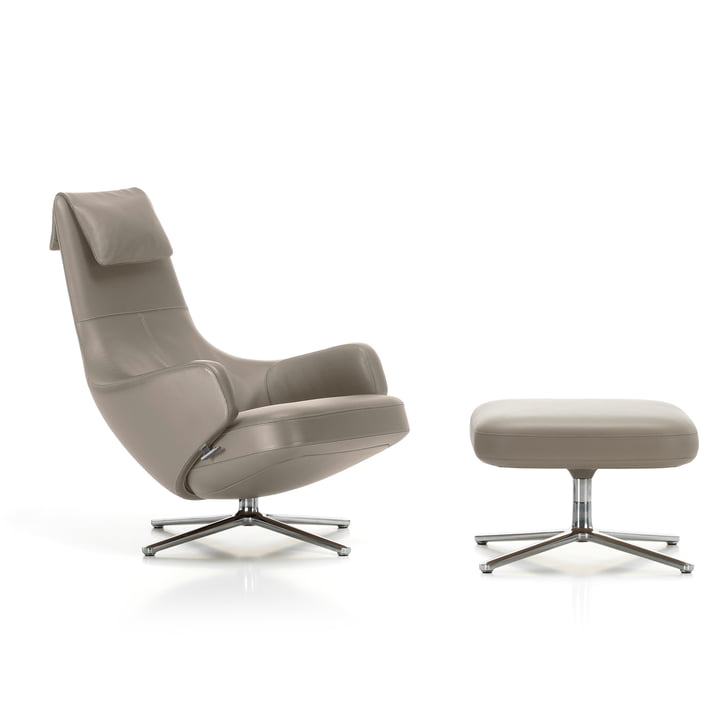 Repos Fauteuil et ottoman de Vitra dans la version cuir premium sable, aluminium poli