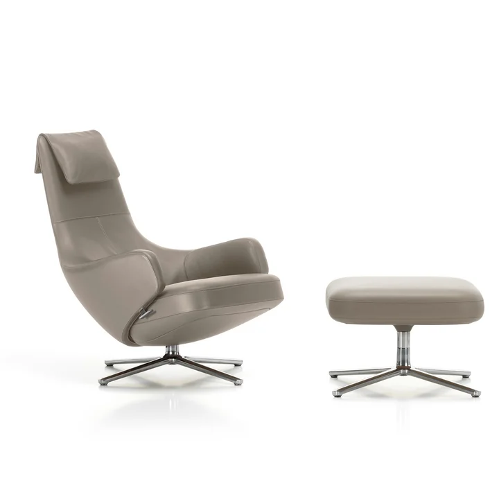 Repos Fauteuil et ottoman de Vitra dans la version cuir premium sable, aluminium poli