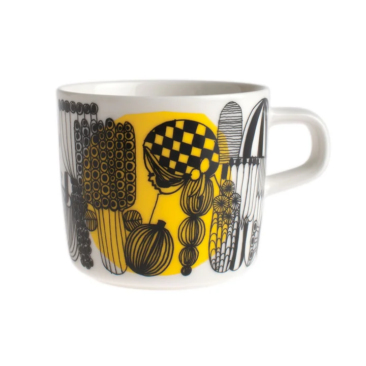 Oiva Siirtolapuutarha Gobelet avec anse 200 ml, blanc / noir / jaune de Marimekko