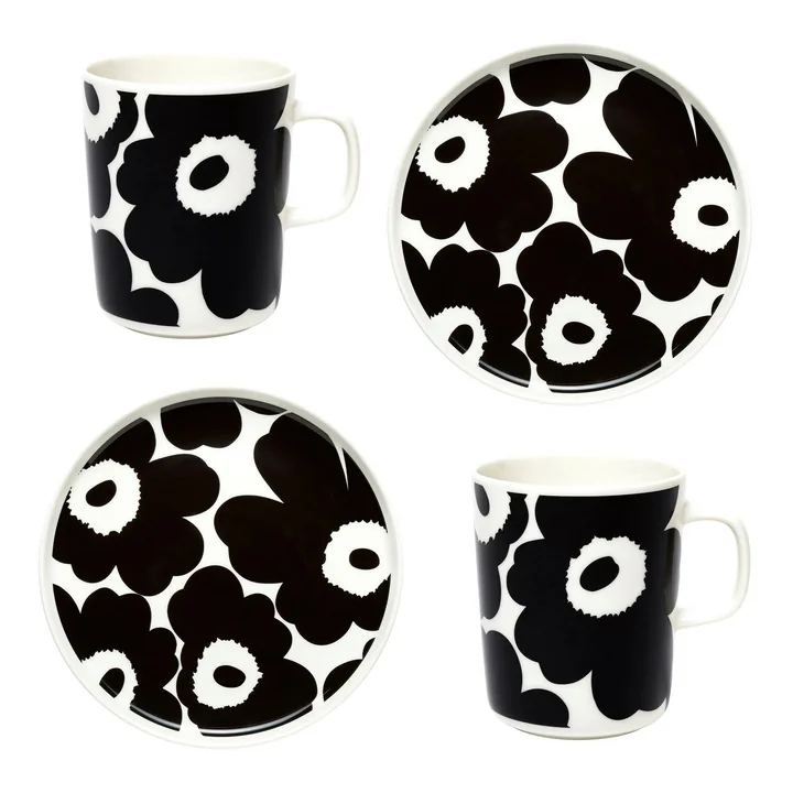 Oiva Unikko Gobelet avec anse & Assiette, blanc / noir (set de 4) (hiver 2022) de Marimekko