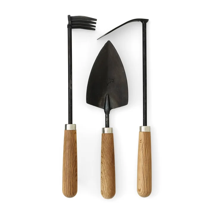 Pallares outils de jardin (set de 3), noir, chêne naturel Audo