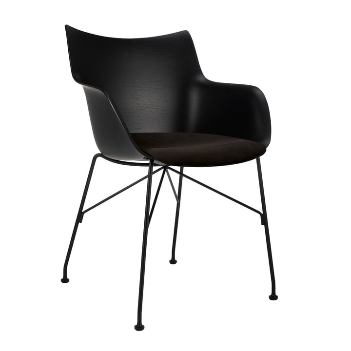 Kartell - Q/Wood Chaise avec accoudoirs et assise rembourrée, noir, piétement noir, coque noire