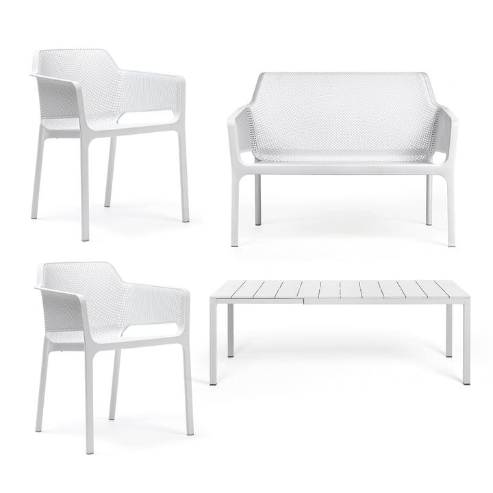 Nardi - Rio Alu Table à rallonges 140 + Net Banc + 2x Net Chaise à accoudoirs, blanc