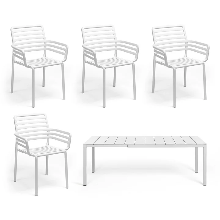 Nardi - Doga Chaise avec accoudoirs (4x) + table à rallonge Rio Alu 140, blanc