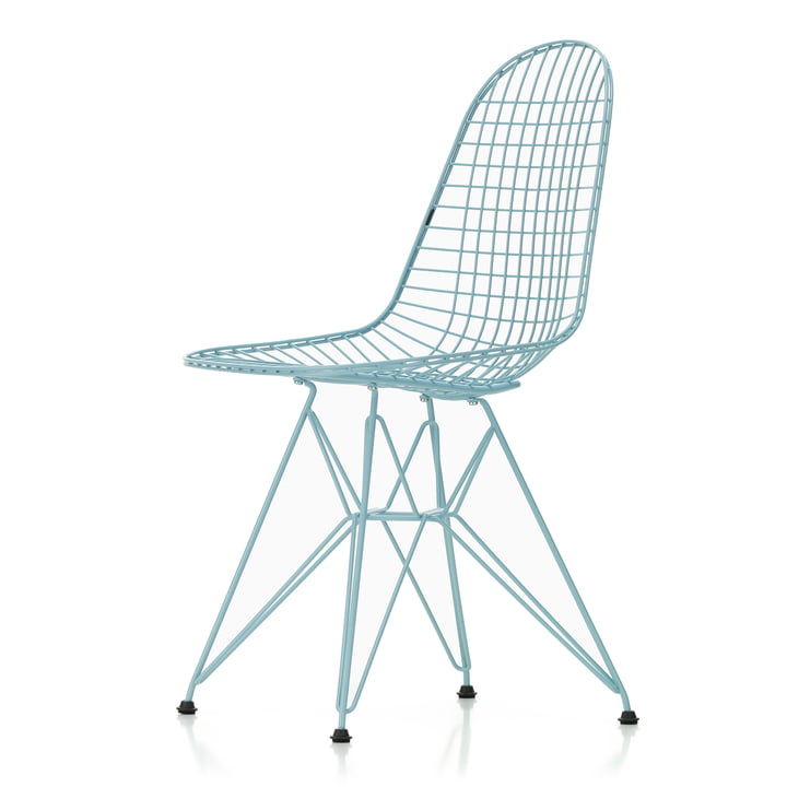 Wire Chair DKR (H 43 cm), bleu ciel / sans revêtement, patins en plastique (basic dark) de Vitra