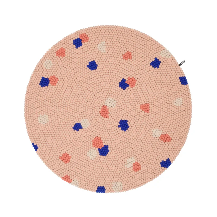 myfelt - Terra Rose Tapis de boules de feutre, Ø 90 cm, rose / corail / blanc / bleu cobalt
