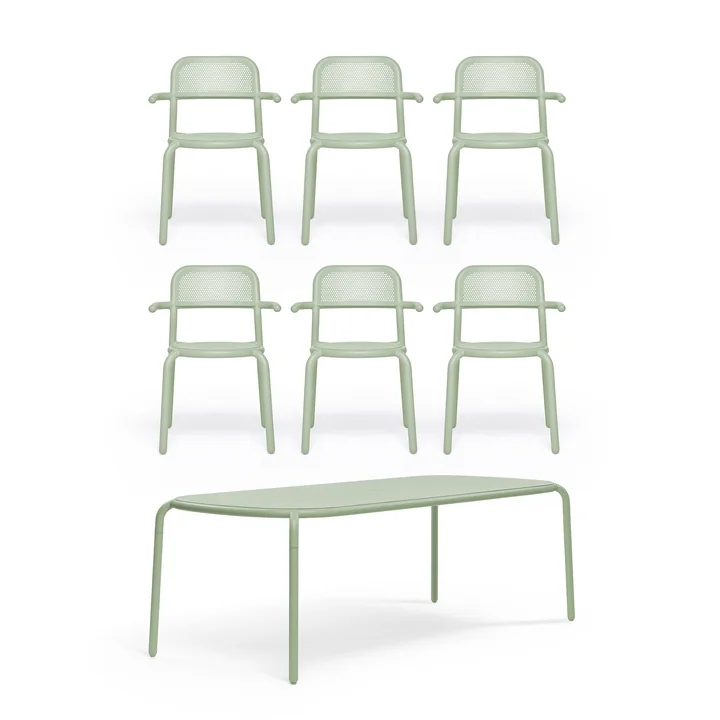 Fatboy - Toní Table de jardin + fauteuil de jardin, vert brume (revêtement par poudre)