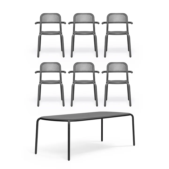 Fatboy - Toní Table de jardin + chaise de jardin à accoudoirs, anthracite (revêtement par poudre)