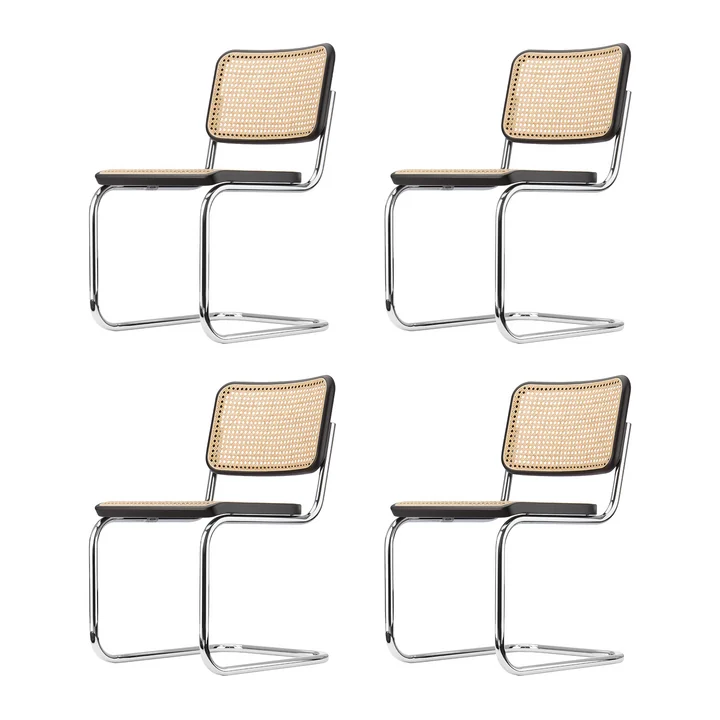 Thonet - S 32 V Chaise, chrome / hêtre teinté noir (TP 29) / cannage avec tissu de soutien (set de 4)