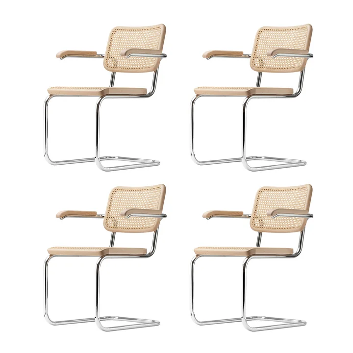 Thonet - S 64 V Chaise avec accoudoirs, chrome / hêtre naturel (TP 17) / cannage avec tissu de soutien en plastique (set de 4)