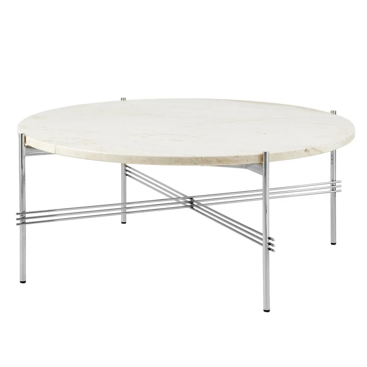 Gubi - TS Table basse Ø 80 cm, acier poli / travertin blanc