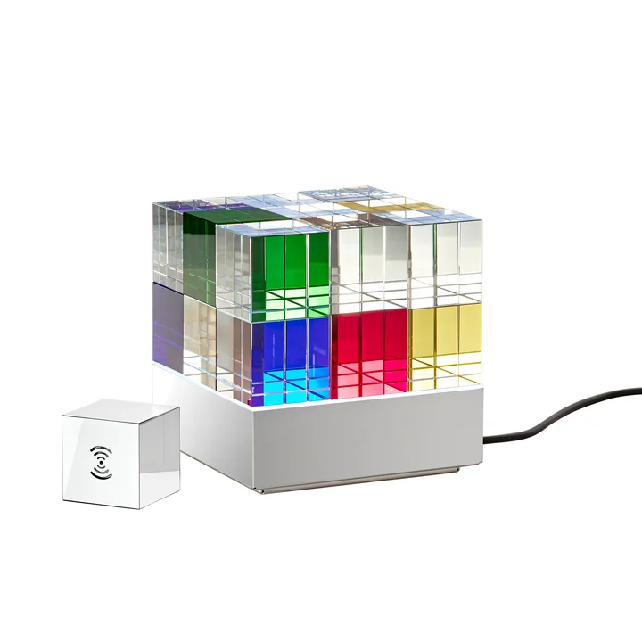 Tecnolumen - CUBELIGHTmove Lampe de table LED avec cube radio, bleu / jaune / rouge / vert