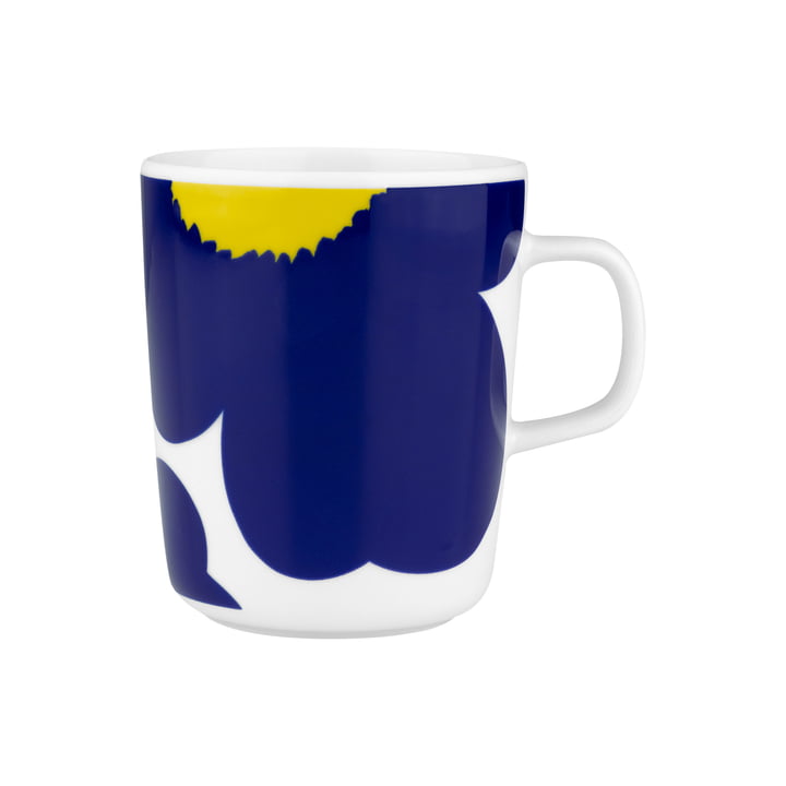 Oiva Iso Unikko Gobelet avec anse, 60th Anniversary, 250 ml, blanc / bleu foncé / jaune de Marimekko