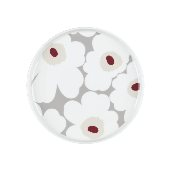 Oiva Unikko Assiette, Ø 20 cm, blanc / gris clair / rouge de Marimekko