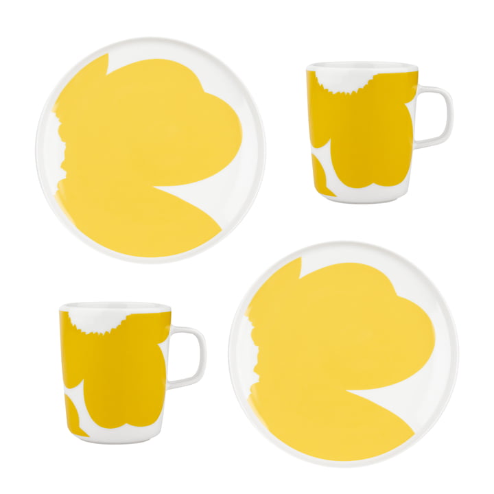 Oiva Iso Unikko Assiette & Gobelet, Ø 25 cm & 250 ml, blanc / spring yellow (set de 4) de Marimekko