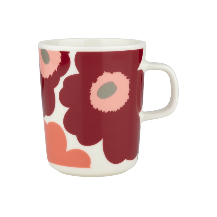 Marimekko - Oiva Unikko Gobelet avec anse, 250 ml, blanc / dark cherry / salmon red