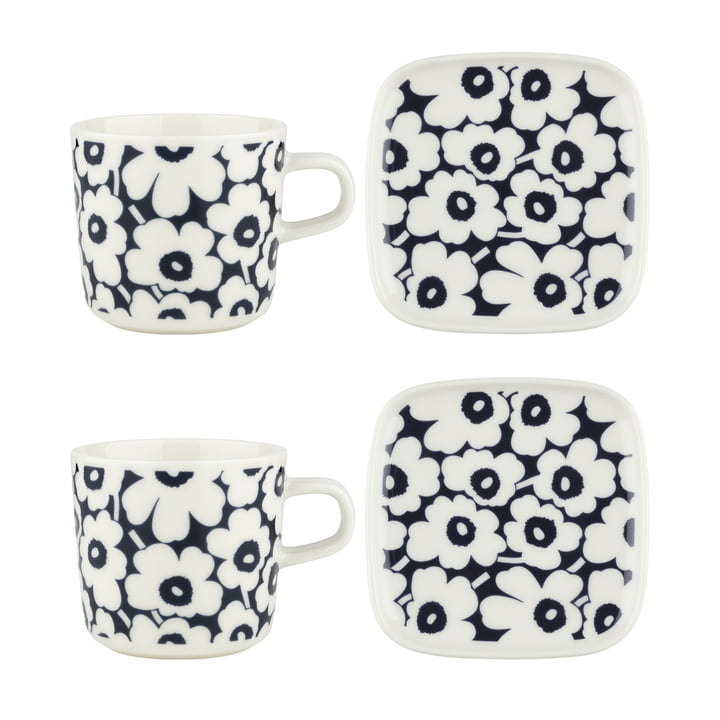 Oiva Pikkuinen Unikko Gobelet avec anse & Assiette, bleu foncé / blanc (set de 4) de Marimekko