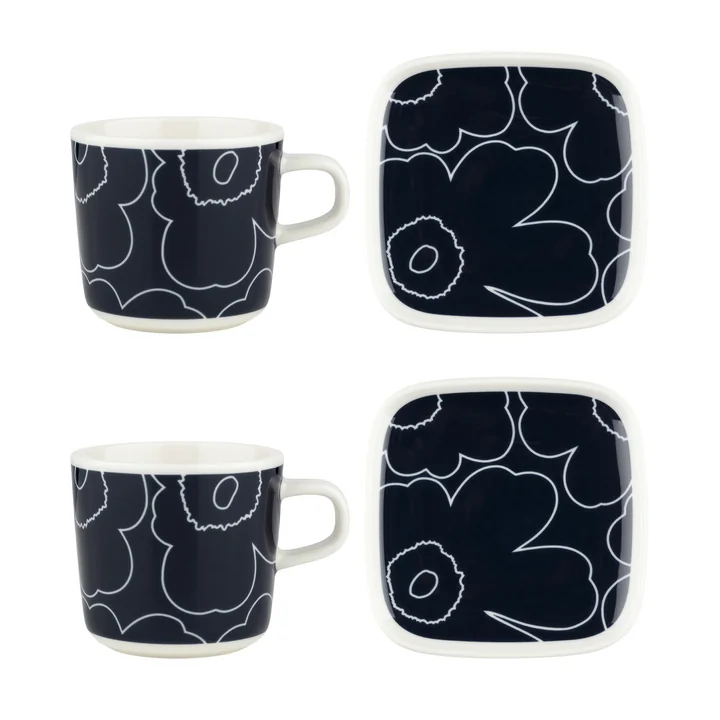 Oiva Piirto Unikko Gobelet avec anse & Assiette, blanc / bleu foncé (set de 4) de Marimekko