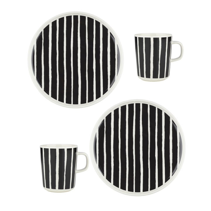 Oiva Piccolo Gobelet avec anse & Assiette, blanc / noir (set de 4) de Marimekko