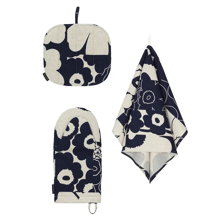 Unikko Kollaasi set de cuisine, torchon & gant de four & maniques, lin / dark navy (set de 3) (60th Anniversary Collection) de Marimekko
