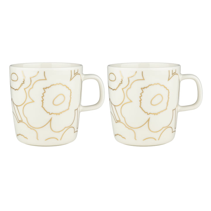 Oiva Piirto Unikko Gobelet avec anse, 400 ml, blanc / or (set de 2) de Marimekko