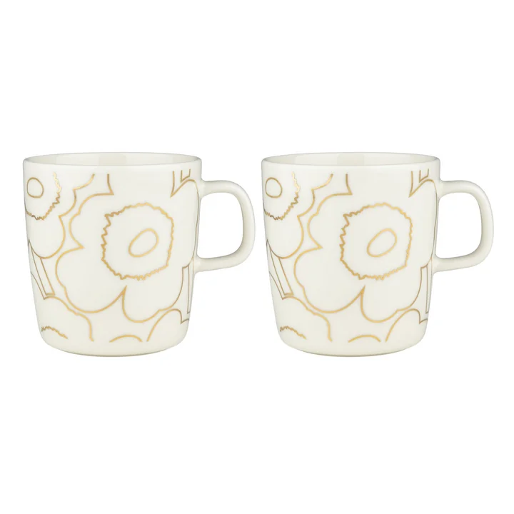 Oiva Piirto Unikko Gobelet avec anse, 400 ml, blanc / or (set de 2) de Marimekko