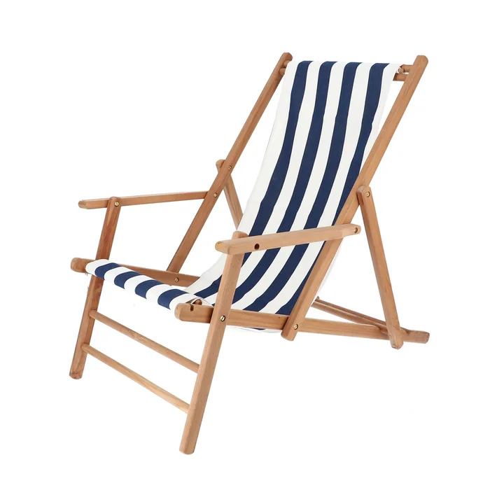 Jan Kurtz - Maxx Deckchair bois de teck, housse Designers Guild rayures bleu foncé