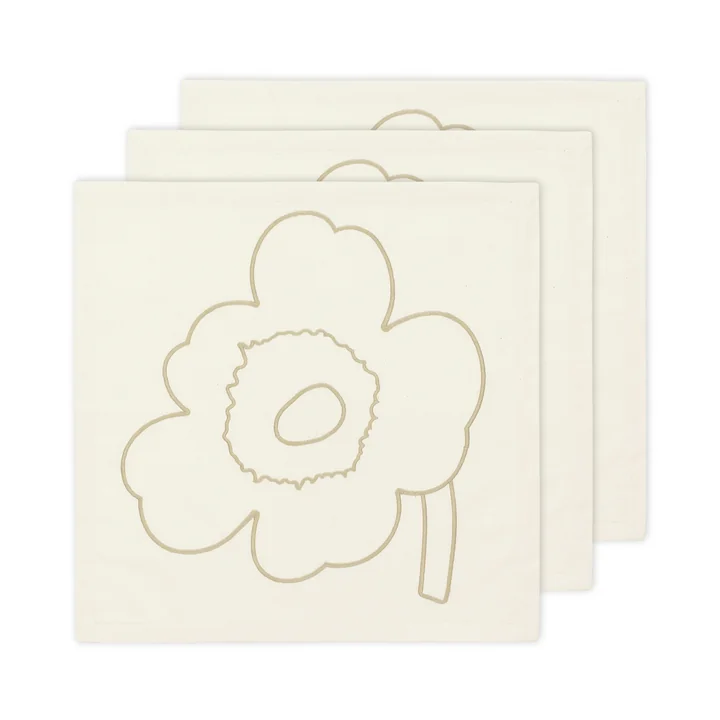 Piirto Unikko Satin Serviettes, 43 x 43 cm, blanc cassé / paille (lot de 3) de Marimekko