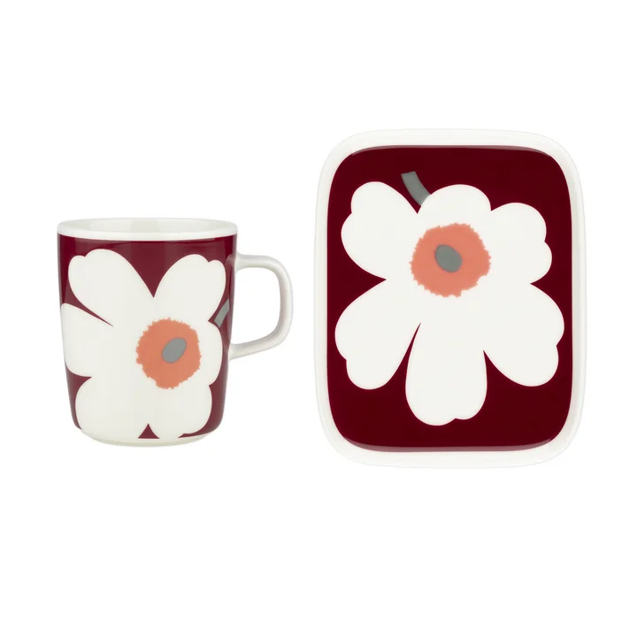 Unikko 60th Anniversary Gobelet avec anse & Assiette, blanc / dark cherry / ash grey (set de 2) de Marimekko