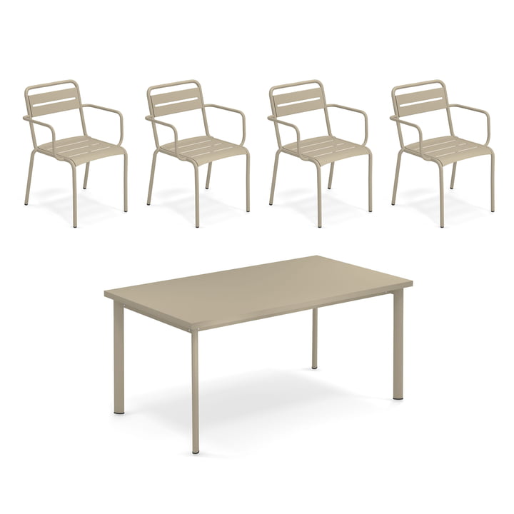 Emu - Star Table d'extérieur 160 x 90 cm + chaise à accoudoirs (set de 4), taupe