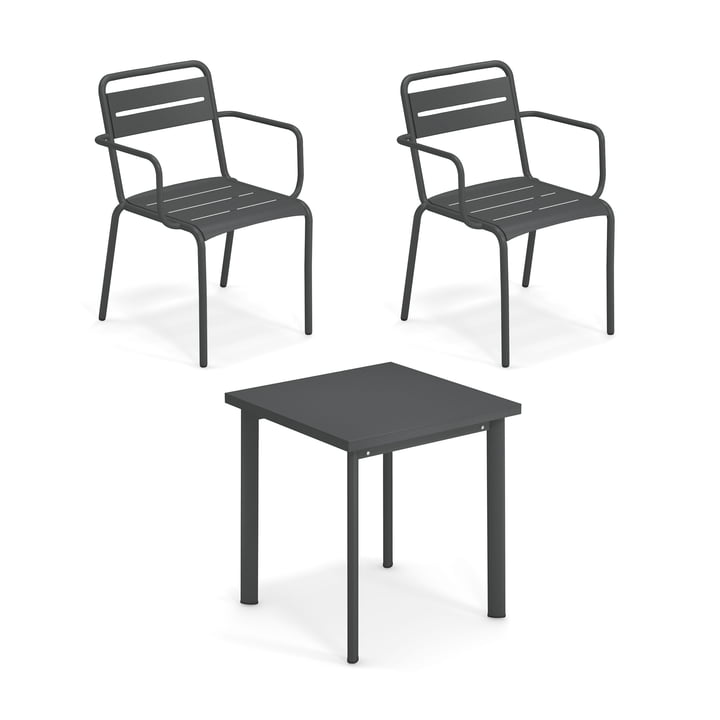 Emu - Star Table d'extérieur 70 x 70 cm + chaise à accoudoirs (set de 2), fer antique