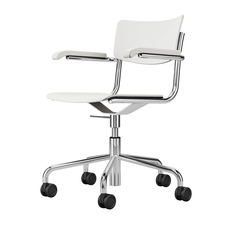 S 43 FDR Chaise de bureau avec accoudoirs, chrome / hêtre teinté blanc (TP 200) de Thonet