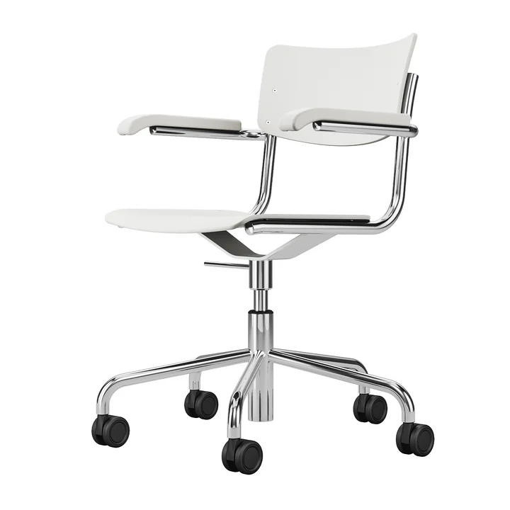 S 43 FDR Chaise de bureau avec accoudoirs, chrome / hêtre teinté blanc (TP 200) de Thonet