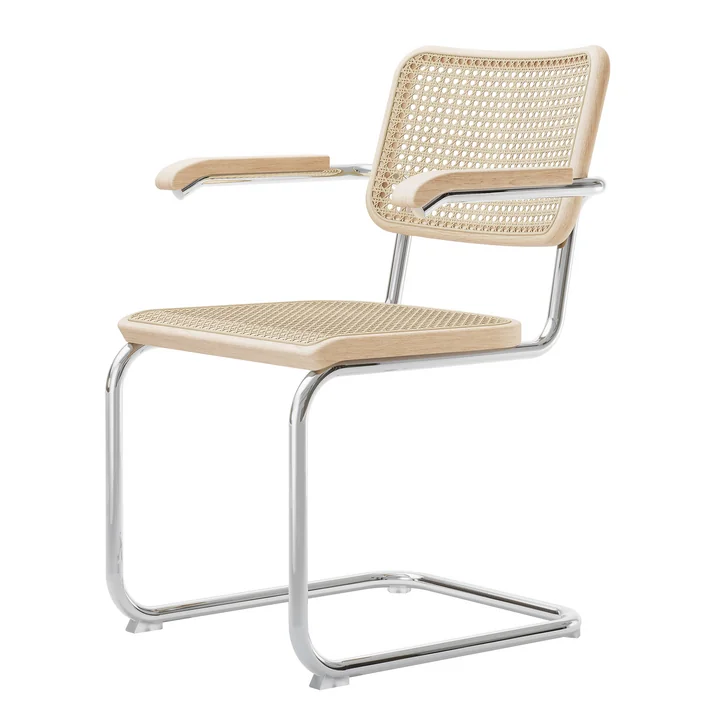 S 64 V Chaise avec accoudoirs, chrome / frêne laqué naturel / cannage avec tissu de soutien en plastique de Thonet