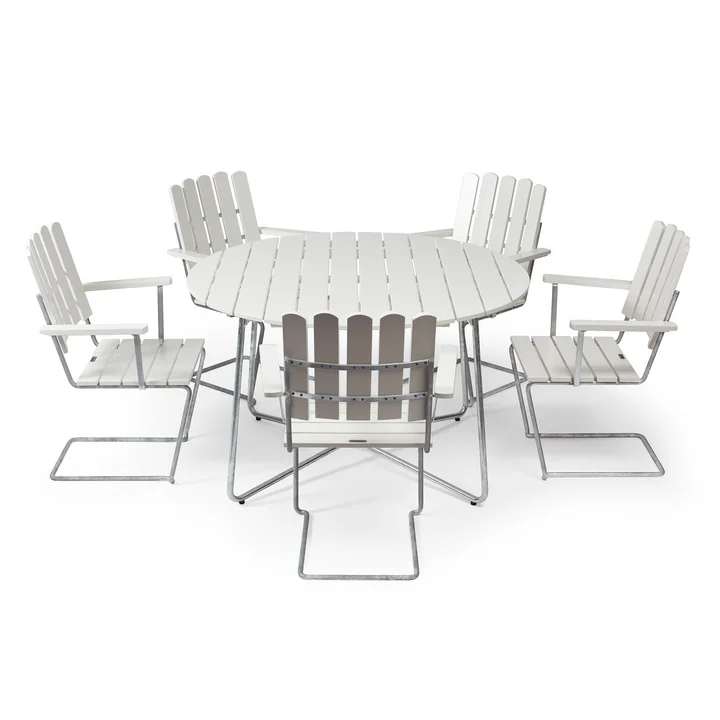 9A 120 Table de jardin Ø 120 cm, chêne laqué blanc avec chaises de Grythyttan