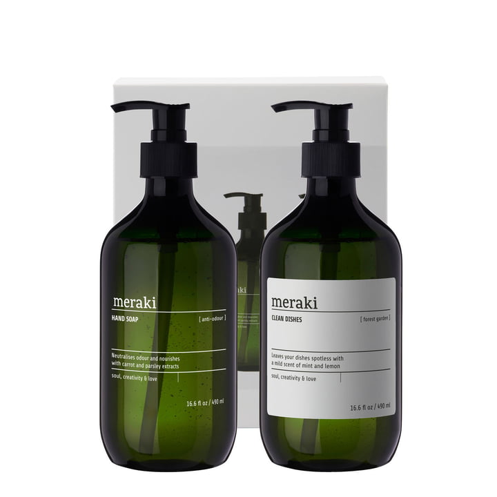 Meraki - Coffret cadeau cuisine, Kitchen essentials Savon anti-odeur pour les mains (490 ml) & Forest Garden Liquide vaisselle (490 ml) (lot de 2)