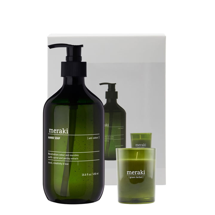 Meraki - Coffret cadeau cuisine, Kitchen essential Anti-Odour Savon pour les mains (490 ml) & Green herbal Kerry