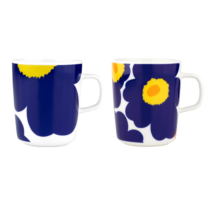 Marimekko - Oiva Iso Unikko & Unikko Gobelet avec anse, 60th Anniversary, 250 ml, blanc / bleu foncé / jaune (set de 2) (60th Anniversary Collection)