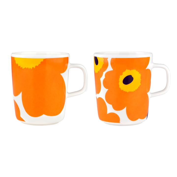 Marimekko - Oiva Iso Unikko & Unikko Gobelet avec anse, 60th Anniversary, 250 ml, blanc / orange / jaune (set de 2) (60th Anniversary Collection)