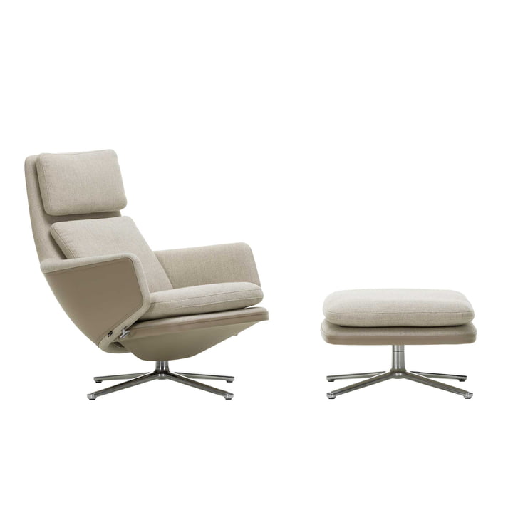 Vitra - Grand Relax Fauteuil & Ottoman, aluminium poli, Dumet beige / gris, cuir / sable, patins en feutre