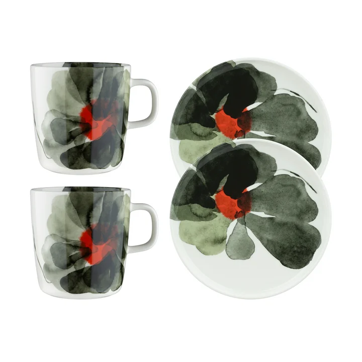 Marimekko - Oiva Valssi Set de petit déjeuner, blanc / vert forêt / rouge tomate (4 pièces)