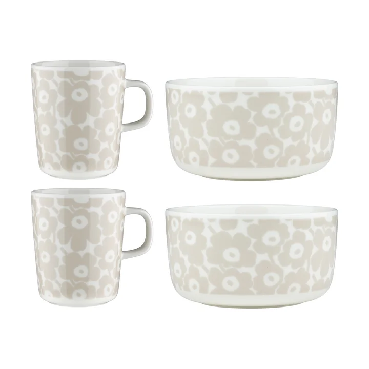 Marimekko - Oiva Pikkuinen Unikko Gobelet avec anse & Bol, blanc / paille (set de 4)