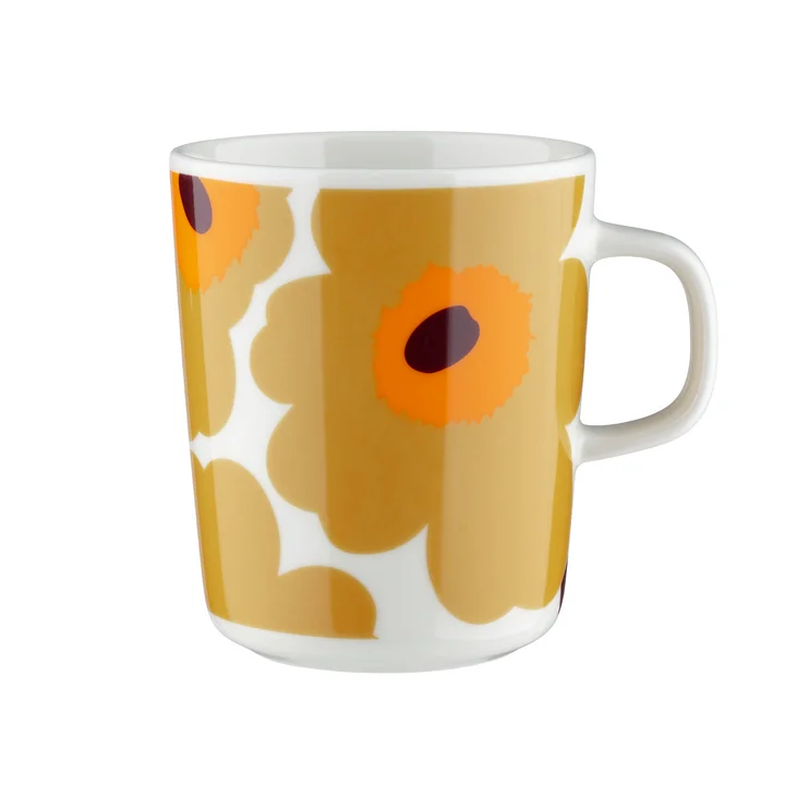 Marimekko - Oiva Unikko Gobelet avec anse, 250 ml, blanc / caramel / orange chaud