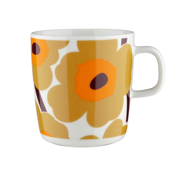 Marimekko - Oiva Unikko Gobelet avec anse, 400 ml, blanc / caramel / orange chaud
