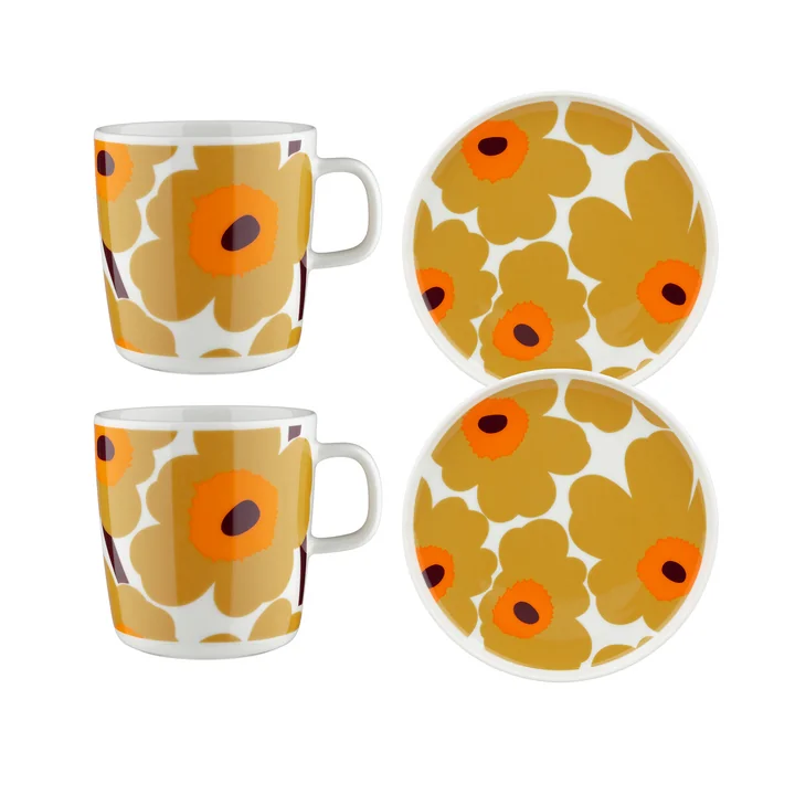 Marimekko - Oiva Unikko Set de petit déjeuner, caramel / crème / orange chaud (4 pièces)