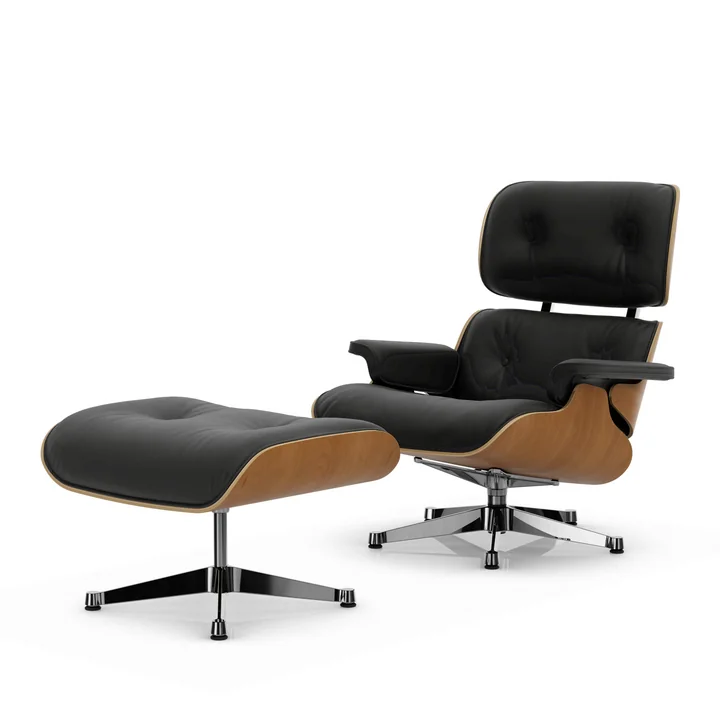 Vitra - Lounge Chair & Ottoman, poli, cerisier naturel, cuir Premium F, nero